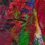 Abstract textured painting with layered brush and palette-knife strokes in bold red, green, yellow, purple, and black.