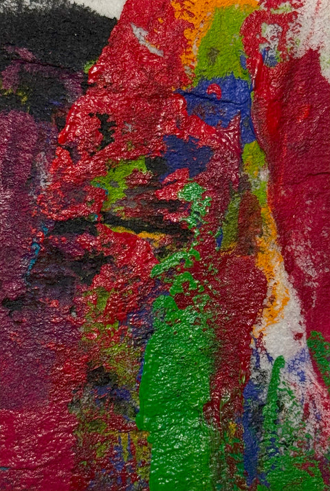 Abstract textured painting with layered brush and palette-knife strokes in bold red, green, yellow, purple, and black.