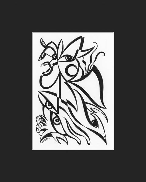 Black and white abstract pen‑and‑ink drawing with optical‑illusion shapes, featuring stylized animal-like faces, eye motifs, and a mouth saying, "BLAH!" matted in black.
