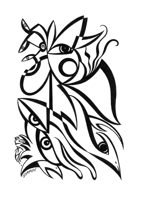 Black and white abstract pen‑and‑ink drawing with optical‑illusion shapes, featuring stylized animal-like faces, eye motifs, and a mouth saying, "BLAH!"