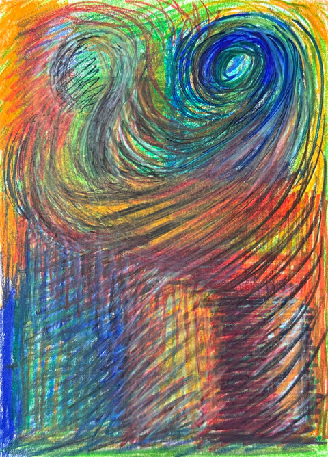 An abstract colorful drawing with swirling lines and textured scribbled strokes in blue, green, yellow, orange, red, and purple, filling the entire frame.