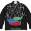 Black jacket with a geometric design painted on the back, featuring intersecting gray lines, overlapping red, green, blue, and purple ovals, the word BROADWAY painted at the bottom; signed Darin lower-right.