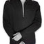 The front of a black zip-up jacket with hints of painted lines on the shoulders, displayed on a gray mannequin torso with light blue jeans.