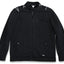 A black zip-up jacket with a stand collar, featuring light gray painted lines on the shoulders and a zippered chest pocket and snap hand pockets, displayed against a plain white background.