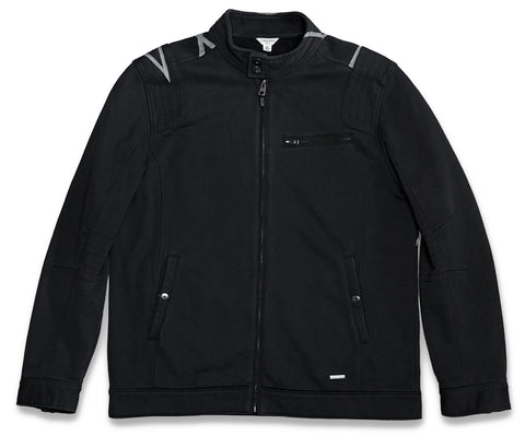 A black zip-up jacket with a stand collar, featuring light gray painted lines on the shoulders and a zippered chest pocket and snap hand pockets, displayed against a plain white background.