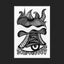 Black and white surreal pen‑and‑ink illustration with symbolic and geometric elements, featuring a large eye, bird-like creature, fish scales, and zig-zag patterns; matted in black.