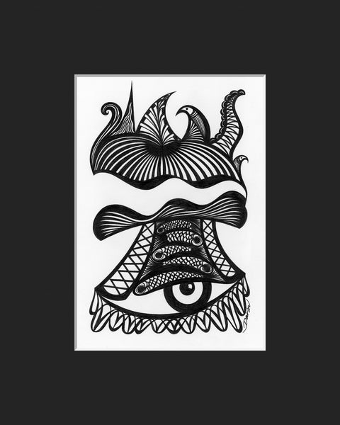 Black and white surreal pen‑and‑ink illustration with symbolic and geometric elements, featuring a large eye, bird-like creature, fish scales, and zig-zag patterns; matted in black.