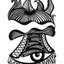 Black and white surreal pen‑and‑ink illustration with symbolic and geometric elements, featuring a large eye, bird-like creature, fish scales, and zig-zag patterns.