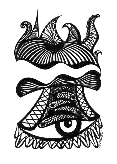 Black and white surreal pen‑and‑ink illustration with symbolic and geometric elements, featuring a large eye, bird-like creature, fish scales, and zig-zag patterns.