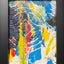 Abstract textured painting with layered brush and palette-knife strokes in cyan, magenta, yellow, and black on a textured white background; framed in black.