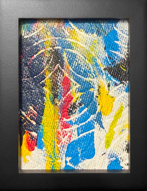 Abstract textured painting with layered brush and palette-knife strokes in cyan, magenta, yellow, and black on a textured white background; framed in black.