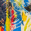 Abstract textured painting with layered brush and palette-knife strokes in cyan, magenta, yellow, and black on a textured white background.