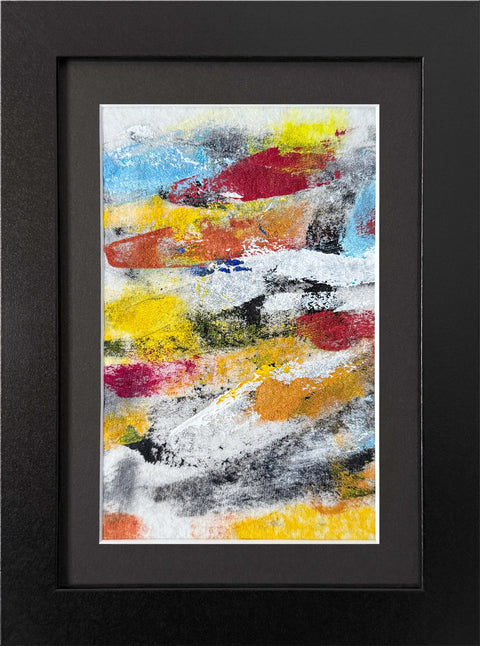 Abstract textured painting with layered brush and palette-knife strokes in red, yellow, blue, black, orange, and white on a white background; matted and framed in black.