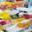 Abstract textured painting with layered brush and palette-knife strokes in red, yellow, blue, black, orange, and white on a white background.