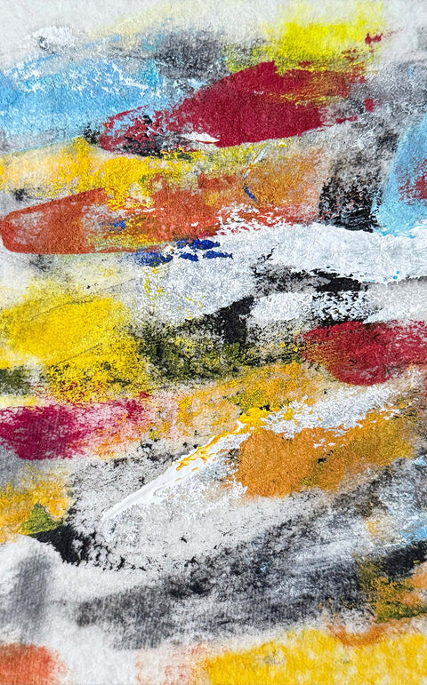 Abstract textured painting with layered brush and palette-knife strokes in red, yellow, blue, black, orange, and white on a white background.