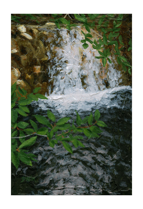 A textured painting of a small waterfall cascading over brown rocks, framed by vibrant green leaves in the foreground; signed 'Darin' in the bottom-right, with a white border.