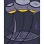 Abstract design painting of three overlapping wine glasses with gray and purple shapes and yellow wine, outlined with dark purple against a dark gray and purple background, signed 'Darin' in the lower-right, with a white border.