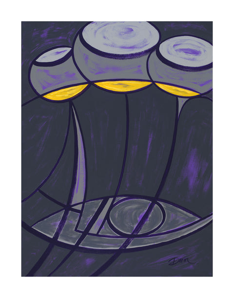 Abstract design painting of three overlapping wine glasses with gray and purple shapes and yellow wine, outlined with dark purple against a dark gray and purple background, signed 'Darin' in the lower-right, with a white border.