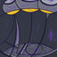 Abstract design painting of three overlapping wine glasses with gray and purple shapes and yellow wine, outlined with dark purple against a dark gray and purple background, signed 'Darin' in the lower-right.