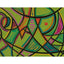 An abstract geometric painting featuring a vibrant olive-green background with intersecting black lines, curved and angular shapes filled with colorful segments in pink, red, orange, yellow, and teal; signed, 'Darin' in bottom-right.