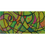 An abstract geometric painting featuring a vibrant olive-green background with intersecting black lines, curved and angular shapes filled with colorful segments in pink, red, orange, yellow, and teal; signed, 'Darin' in bottom-right, with white border.