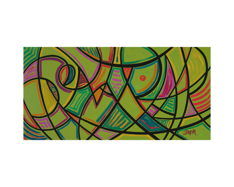 An abstract geometric painting featuring a vibrant olive-green background with intersecting black lines, curved and angular shapes filled with colorful segments in pink, red, orange, yellow, and teal; signed, 'Darin' in bottom-right, with white border.