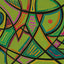 An abstract geometric design painting featuring a vibrant olive-green background with intersecting black lines, curved and angular shapes filled with colorful segments in pink, red, orange, yellow, and teal; signed, 'Darin' in bottom-right.