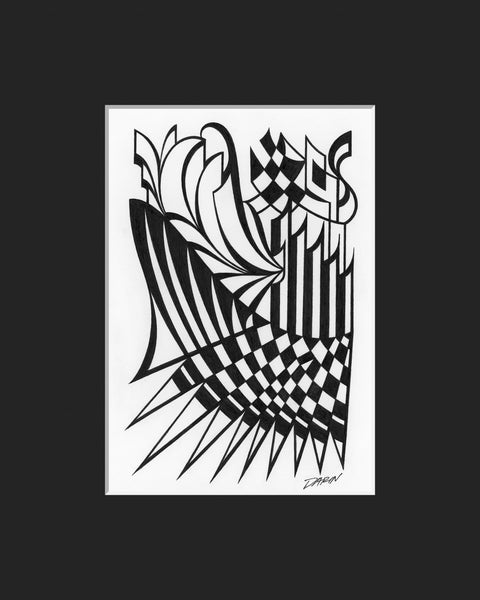 Black and white abstract pen‑and‑ink drawing with optical‑illusion shapes, featuring a checkered patterns; matted in black.