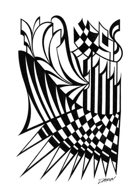 Black and white abstract pen‑and‑ink drawing with optical‑illusion shapes, featuring a checkered patterns.