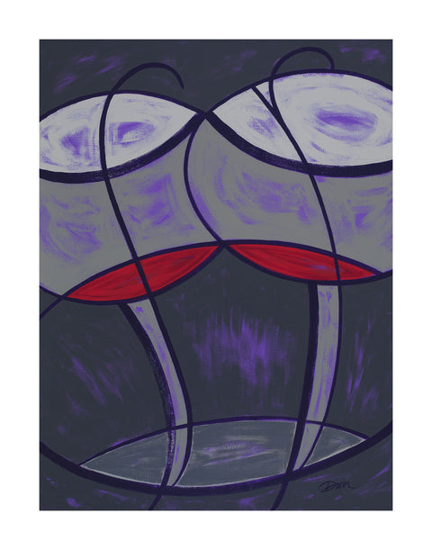Abstract art print featuring two stylized overlapping wine glasses with purple and gray tones and red wine, set against a dark charcoal and purple background; signed 'Darin' in bottom-right, with white border.