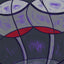 Abstract painting featuring two stylized overlapping wine glasses with purple and gray tones and red wine, set against a dark charcoal and purple background; signed 'Darin' in bottom-right.
