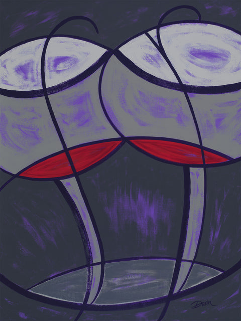 Abstract painting featuring two stylized overlapping wine glasses with purple and gray tones and red wine, set against a dark charcoal and purple background; signed 'Darin' in bottom-right.