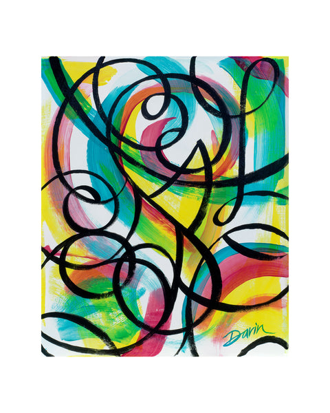 An abstract art print featuring vibrant, swirling brushstrokes of yellow, green, pink, blue, and teal, overlaid with bold, looping black lines on a white background; signed 'Darin' in the bottom-right corner, with a white border.