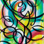 An abstract painting featuring vibrant, swirling brushstrokes of yellow, green, pink, blue, and teal, overlaid with bold, looping black lines on a white background; signed 'Darin' in the bottom-right corner.