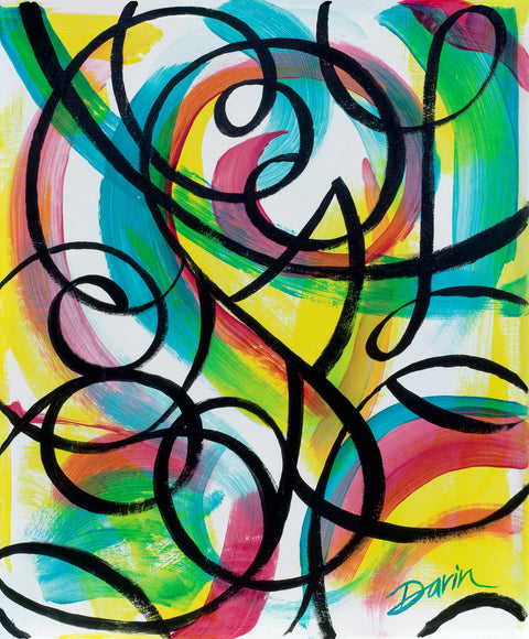 An abstract painting featuring vibrant, swirling brushstrokes of yellow, green, pink, blue, and teal, overlaid with bold, looping black lines on a white background; signed 'Darin' in the bottom-right corner.