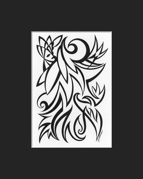 Black and white abstract pen‑and‑ink drawing with optical‑illusion shapes, featuring a stylized female profile; matted in black.