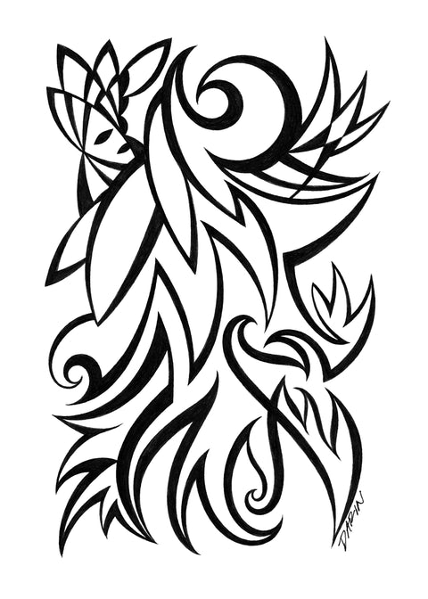 Black and white abstract pen‑and‑ink drawing with optical‑illusion shapes, featuring a stylized female profile.