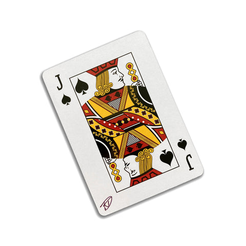 Back of the playing card showing the Jack of spades with a hand‑signed signature ‘DJ’ in black ink.