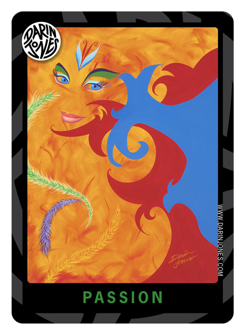 A painting of an abstract, colorful depiction of a floating face surrounded by feathers, swirling orange, red, and blue forms and the word "PASSION" at the bottom in green, with a black and gray design border, the DARIN JONES logo in the upper left, and website on the right.