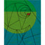 Abstract geometric painting featuring a design of ultra-thin black lines over a large, two-tone green circle-like shape and a teal background, with a small red shape near the center; signed 'Darin' in the lower-right, with a white border.