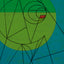 Abstract geometric painting featuring a design of ultra-thin black lines over a large, two-tone green circle-like shape and a teal background, with a small red shape near the center; signed 'Darin' in the lower-right.