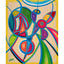 An abstract painting featuring vibrant green, pink, red, purple, and blue organic shapes outlined in bold blue strokes on a warm cream background with a yellow border and signed 'Darin' in the lower left corner, and surrounded with a white border for the print variant.