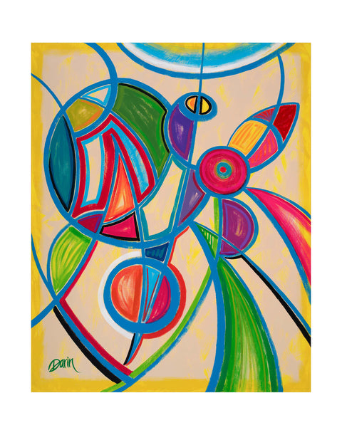 An abstract painting featuring vibrant green, pink, red, purple, and blue organic shapes outlined in bold blue strokes on a warm cream background with a yellow border and signed 'Darin' in the lower left corner, and surrounded with a white border for the print variant.