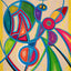 An abstract painting featuring vibrant green, pink, red, purple, and blue organic shapes outlined in bold blue strokes on a warm cream background with a yellow border and signed 'Darin' in the lower left corner.
