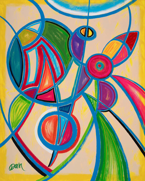 An abstract painting featuring vibrant green, pink, red, purple, and blue organic shapes outlined in bold blue strokes on a warm cream background with a yellow border and signed 'Darin' in the lower left corner.