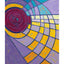 Abstract geometric painting with concentric spiral and grid patterns in purple, yellow, teal, orange, and magenta, with visible textured paint and dark purple outlines; signed 'Darin' in bottom-right, with a white border.
