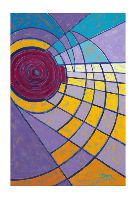 Abstract geometric painting with concentric spiral and grid patterns in purple, yellow, teal, orange, and magenta, with visible textured paint and dark purple outlines; signed 'Darin' in bottom-right, with a white border.