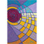 Abstract geometric painting with concentric spiral and grid patterns in purple, yellow, teal, orange, and magenta, with visible textured paint and dark purple outlines; signed 'Darin' in bottom-right, with a white border.