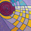 Abstract geometric painting with concentric spiral and grid patterns in purple, yellow, teal, orange, and magenta, with visible textured paint and dark purple outlines; signed 'Darin' in bottom-right.