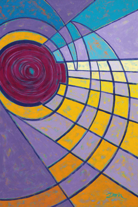 Abstract geometric painting with concentric spiral and grid patterns in purple, yellow, teal, orange, and magenta, with visible textured paint and dark purple outlines; signed 'Darin' in bottom-right.